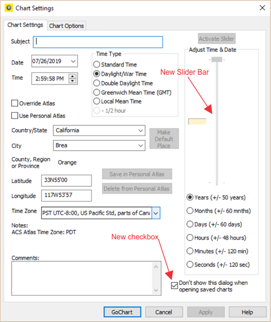 Electional chart settings dialog